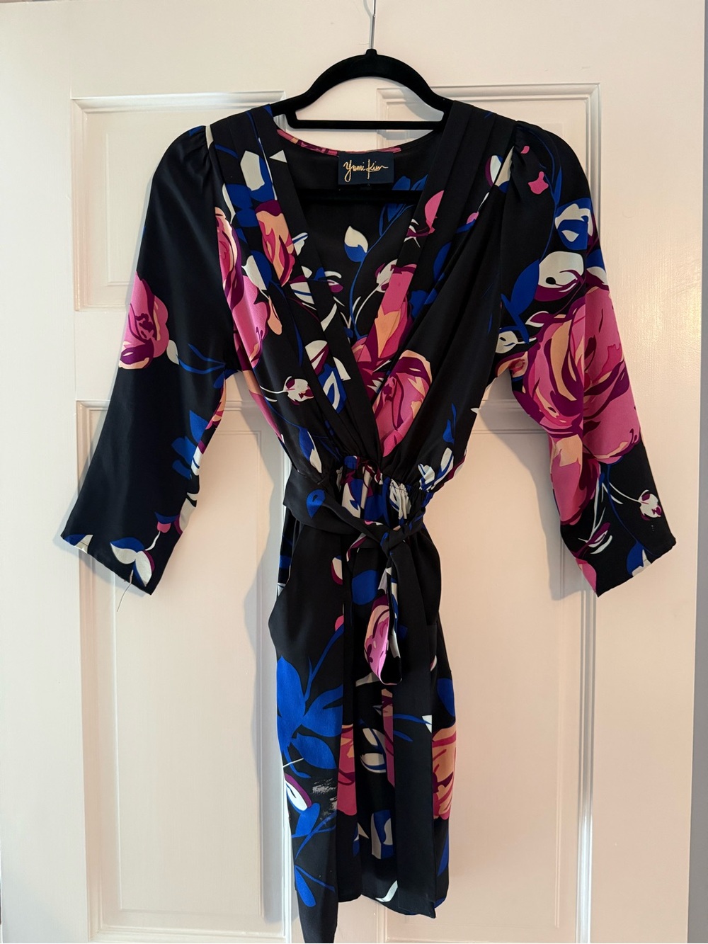 Yumi Kim Black 100% Sill Floral Dress with Pink & Blue Blooms